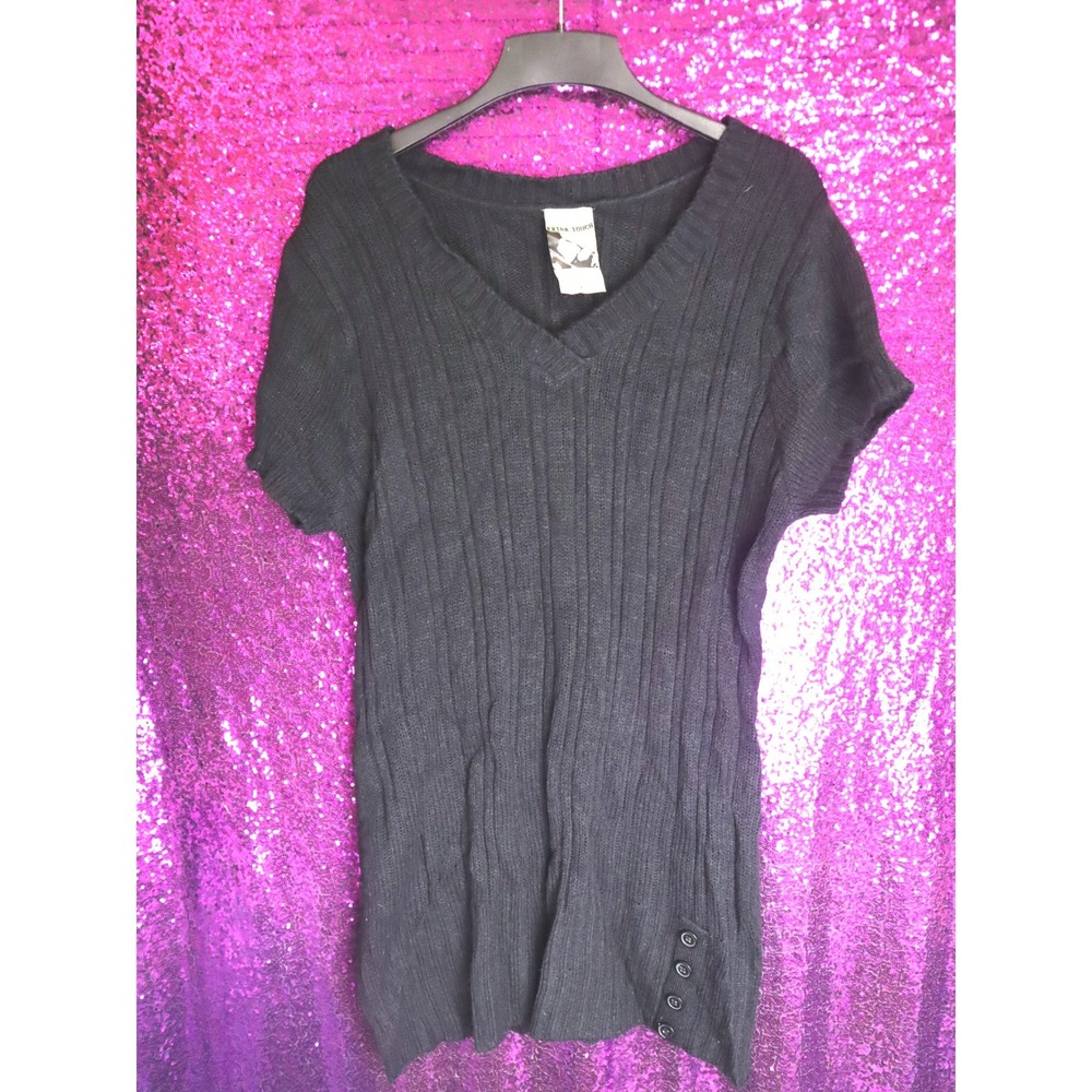Black Ribbed Knit Sweater 1X Extra Touch Womens V-Neck Tunic Button Detail